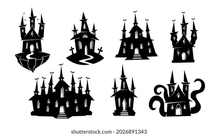 Silhouette of haunted house, ghost mansion, castle. Black silhouettes of Halloween creepy mansions set. Vector set of black silhouettes of Halloween creepy mansions isolated on white background.