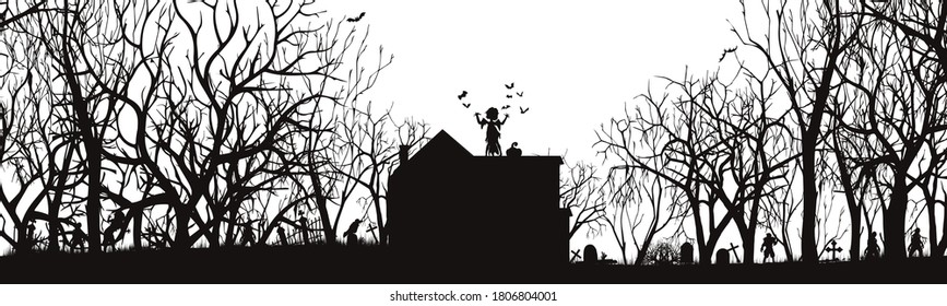 Silhouette of a haunted house isolated on a white background. Vector