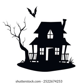 A silhouette of a haunted house standing alone, with broken windows and a creaking door. A bat flutters above it, enhancing the eerie atmosphere of fear and mysticism