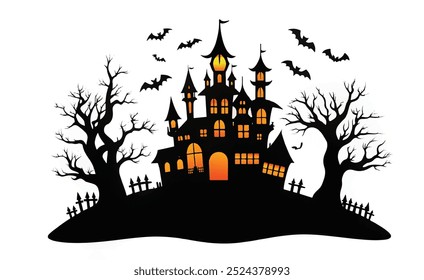 Silhouette von Haunted Häuser oder gespenstischen Dorf mit Bäumen. einzeln auf weißem Hintergrund, Vektorgrafik, EPS