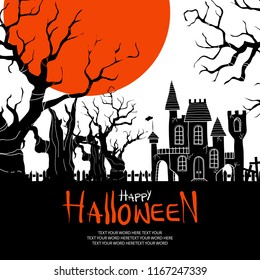 Silhouette haunted trees, a castle and a big orange moon on white background with space for text. Background or poster design for halloween event in vector illustration.  