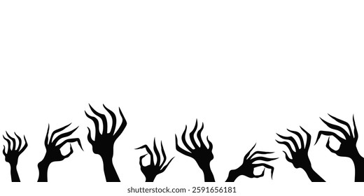 Silhouette of haunting demon hands with claws, ideal for eerie Halloween parties and horror themed artwork.