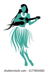 Silhouette of Hawaiian girl wearing skirt of leaves playing ukulele isolated on white background. 