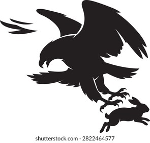 Silhouette of a hawk or eagle swooping down to catch a rabbit, black isolated on a white background, for nature