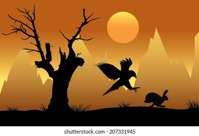 Silhouette of hawk hunting hare at sunset