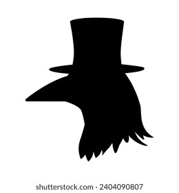 Silhouette de la cabeza de un cuervo negro con sombrero de punta. Pájaro Rook. Médico de peste. Ilustración del vector aislada en un fondo blanco