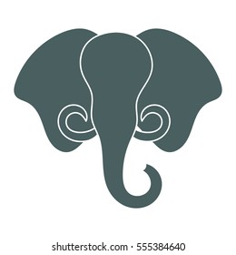 Silhouette of a head of blue elephant. Vector isolated image. Trunk, tusks, ears. Print. Style flat.