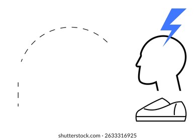 Silhouette head with blue lightning bolt above, dashed line arc leading to running shoe. Ideal for creativity, innovation, brainstorming, motivation, athletic performance, mental health