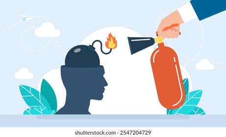 Silhueta da cabeça com bomba. Explosão, ansiedade, estresse, problema mental ou depressão. A mão do psicólogo usa extintor e solta o fusível da bomba de incêndio. Apoio médico. Ilustração vetorial