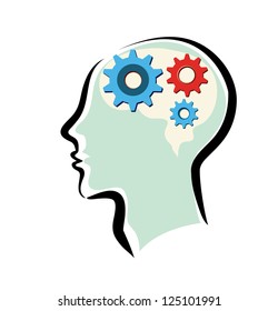 silhouette of the head, brain, and gears. process of human thinking. The concept of intelligence