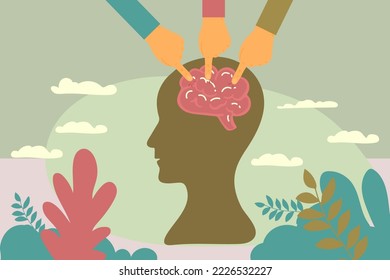 Silhouette head with brain. Laboratory Scientist Group Study Human Brain Psychology. Medical Research Microscope. Head Tomography. Diagnostics Development Hemisphere. Flat Cartoon Vector Illustration,