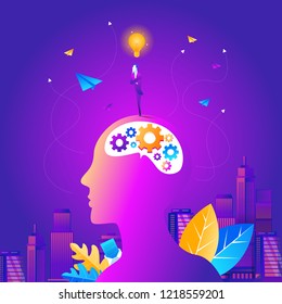silhouette of the head, brain, and pulses. process of human thinking. The concept of intelligence. People communication with the outside world