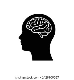 Silhouette head with brain vector flat illustation isolated on white. simple and clean brain icon