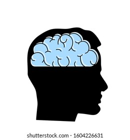 Silhouette head with brain vector flat illustation isolated on white
