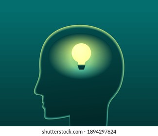 Silhouette eines Kopfes mit hellen Lichtern. Erhalten Sie Inspiration und Innovation. Illustrationsvektor