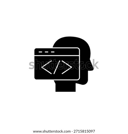 Silhouette head with a browser window displaying code symbols representing programming, development and technical thinking.