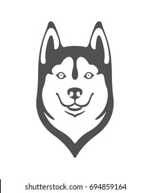 Silhouette of the head of a cheerful and friendly dog of the breed Husky. Black vector isolated on background.