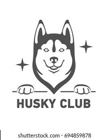 Silhouette of the head of a cheerful and friendly dog of the breed Husky with letters Husky Club. Black vector isolated on background.