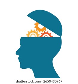 Silhouette of head with cogwheels in motion as conceptual illustration of brainstorming or using artificial intelligence. Vector illustration. 