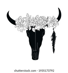 Silhouette de la cabeza de una vaca con flores aisladas en blanco. Calavera de la Ilustración del vector de diseño negativo de búfalo.