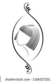Silhouette of a head of a cute lady in a frame. The girl shows a hairstyle on medium and short hair. Suitable for logo, advertising. Vector illustration.