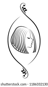 Silhouette of a head of a cute lady in a frame. The girl shows a hairstyle on medium and short hair. Suitable for logo, advertising. Vector illustration.