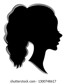 Silhouette of the head of a cute lady. The girl shows a female hairstyle on medium and long hair, a tail. Suitable for logo, advertising. Vector illustration.