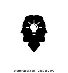 Silhouette of the head and faces of two men together with light bulb icon. Vector illustration.