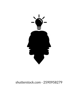 Silhouette of the head and faces of two men together with light bulb icon. Vector illustration.