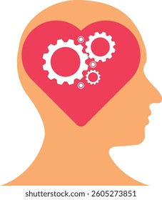 A silhouette of a head filled with pink big heart and gears, symbolizing the connection between emotions and intellect. Illustration, vector, cartoon