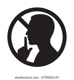 Silhouette of a head with a finger to lips inside a prohibition circle