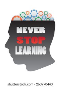 silhouette head with gear and never stop learning words

