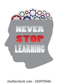 silhouette head with gear and never stop learning words
