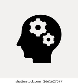 Silhueta de uma cabeça com engrenagens, simbolizando pensamento, criatividade e inovação. As engrenagens na cabeça representam ideias, resolução de problemas e processos mentais. Vetor de ícone do computador.
