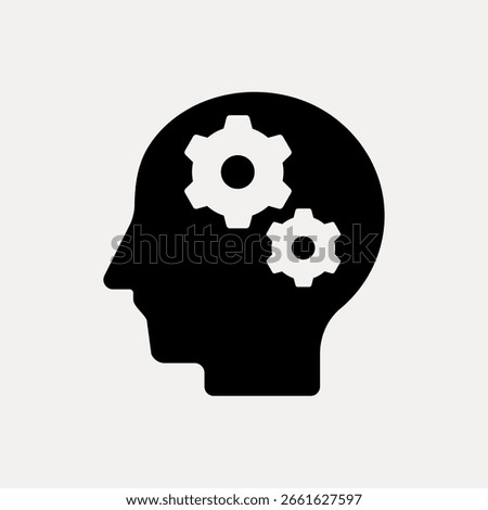 Silhouette of a head with gears, symbolizing thinking, creativity, and innovation. Gears in the head represent ideas, problem-solving, and mental processes. Computer icon vector.