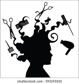 Silhouette head with the hair for hairdressing tool, vector illustration