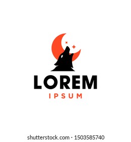 Silhouette Head Howling red wolf fox with red moon and star logo vector icon vector design illustration template