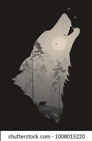 silhouette of the head of the howling wolf. Inside it is a night forest with a bear and birds. Vector illustration, white background, isolated object