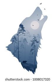 silhouette of the head of the howling wolf. Inside it is a night forest with a bear and birds. Vector illustration, dark background, isolated object