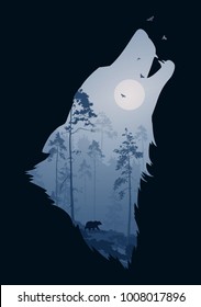 Silhouette des Kopfes des heulenden Wolfs. Im Inneren ist ein Nachtwald mit einem Bären und Vögeln. Vektorgrafik, dunkler Hintergrund, isoliertes Objekt