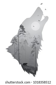 silhouette of the head of the howling wolf. Inside it is a night forest with a bear and birds. Vector illustration, white background, isolated object