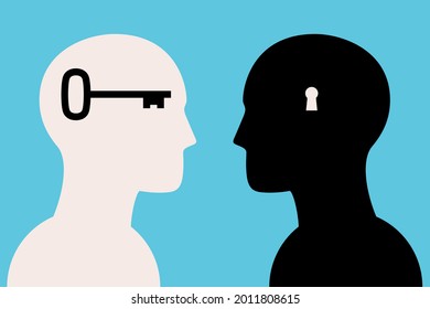 Silhouette of a head with a key and a lock symbol. Open mind concept. Psychology of communication between people, the opening of protection. Vector metaphor illustration