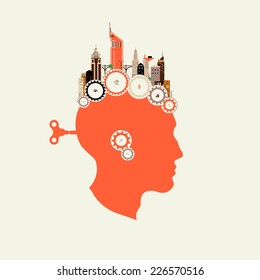 Silhouette head with the key men in the back.Including the brain. Included in the work. Abstract houses on the gears. Flat design. Small business in the city infographics
