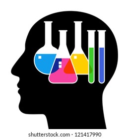 SIlhouette of head with laboratory glassware