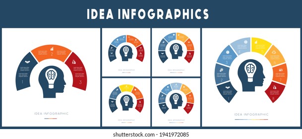 Silhouette of  head with lamp in the shape of  brain. Idea concept. Infographic template set.