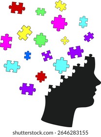Silhouette of head made of vibrant puzzle pieces, symbolizing brain activity, education, memory and mental health. Abstract conceptual illustration of brain damage, psychological problems and stress.