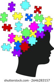 Silhouette of head made of vibrant puzzle pieces, symbolizing brain activity, education, memory and mental health. Abstract conceptual illustration of brain damage, psychological problems and stress.