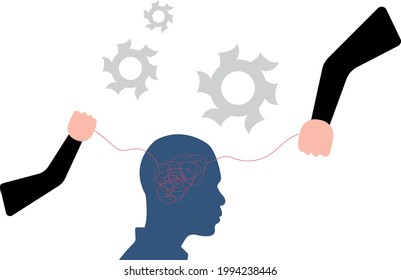 silhouette of the head of a man controlled by pulling the threads leading to his brain