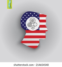 silhouette of the head of the man with gears instead of a brain and American flag