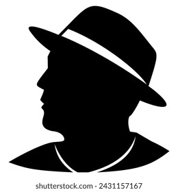 Silueta cabeza de hombre en sombrero para avatares, perfiles de usuario. Diseñado para encajar bien en cuadrado y círculo. Vector clipart aislado en blanco.